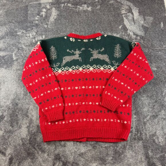 Vtg Eddie Bauer Holiday Deer Wool Cardigan Sweater Green Red Fair Isle L* - Picture 7 of 11